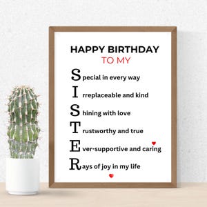 May include: A framed print with the words "HAPPY BIRTHDAY TO MY SISTER" in black and red. The word SISTER is spelled out with descriptive words. A potted cactus is on the left.