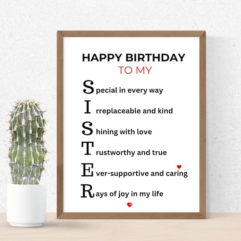 May include: A framed print with the words "HAPPY BIRTHDAY TO MY SISTER" in black and red. The word SISTER is spelled out with descriptive words. A potted cactus is on the left.