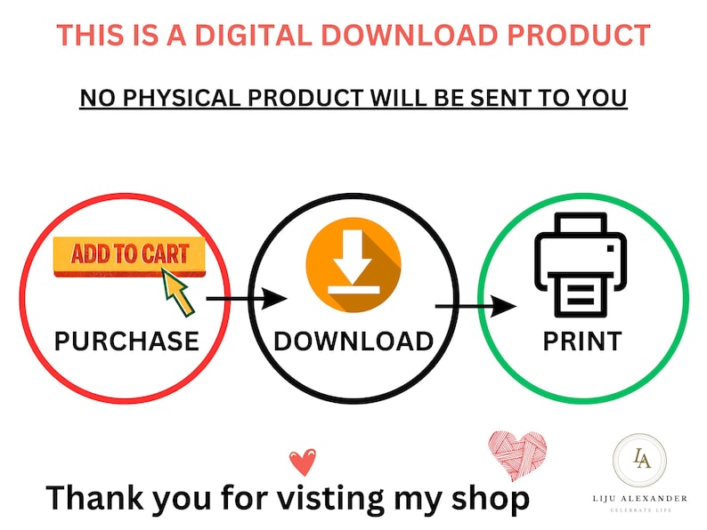 May include: Image illustrating the digital download process: purchase, download, and print. Text includes "This is a digital download product" and "No physical product will be sent to you." The image also includes the text "Thank you for visiting my shop."