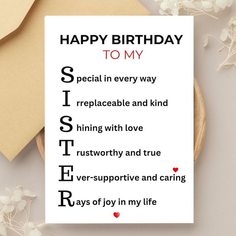May include: A white greeting card with the words "HAPPY BIRTHDAY TO MY SISTER" in black and red. The card lists positive attributes of a sister, with red hearts. A beige envelope is visible.