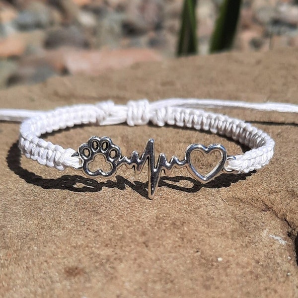 Heart and Paw Print Charm Hemp Bracelet | Dog Mom | Dog Dad | Adjustable