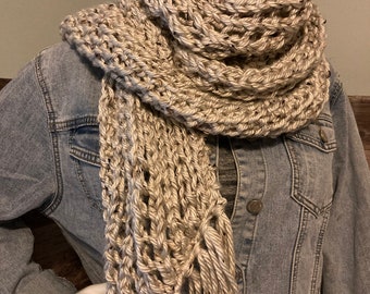 Extra Long and Thick Aspen Tweed Homeland Scarf knitted in a simple lace pattern