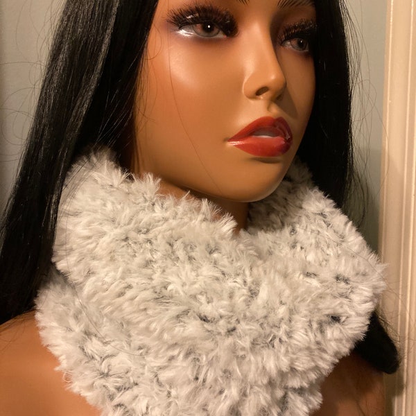 Chinchilla Faux Fur Cowl - white with small specks of black this tall cowl is so soft and cozy perfect for all your winter outwear