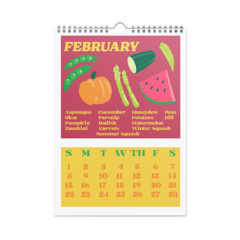 May include: A wall calendar for February featuring illustrations of vegetables and fruits, including a pumpkin, watermelon, and asparagus. The calendar also displays the days of the month in a yellow and green color scheme.