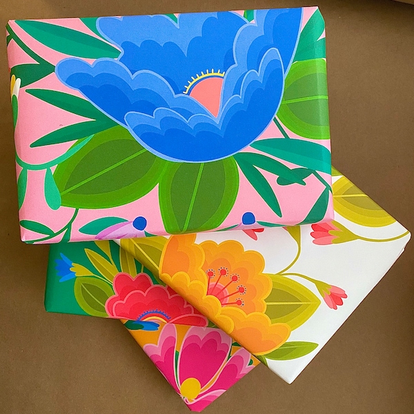 Bright Flowers Gift Wrap Set Mexican Inspired Art Multicolored Vibrant Colorful Flowers And Leaves Wrapping Paper FREE SHIPPING