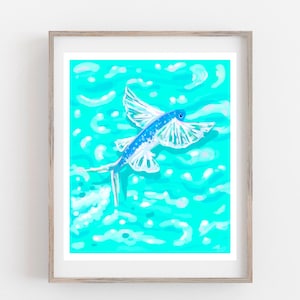 Flying Fish Art Print | Nautical Tropical Fish Wall Art | Malolo Ocean Aquatic Print | Marine Boating Decor Gift | Aqua Watercolor Poster