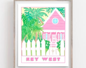 Key West Cottage Art Print | Colorful Florida Beach House Decor