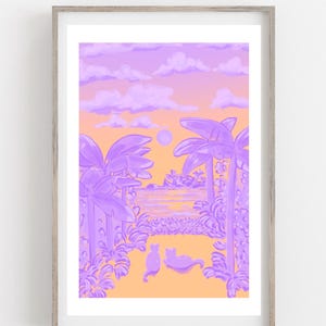 May include: A framed art print featuring a tropical landscape in shades of purple and orange. Palm trees frame a beach scene with two cats. The sky has clouds and a sun. The artwork is in a wooden frame.