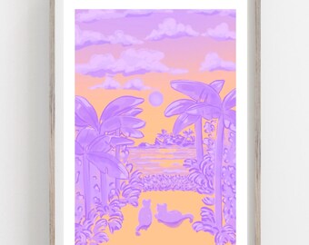 Ocean Sunset Cats Art Print | Coastal Tropical Wall Art