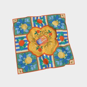 May include: Square silk scarf with a vibrant design. The scarf features a central yellow floral pattern with oranges and a sardine tin, surrounded by blue and white striped squares with lemons and oranges. The border is red.