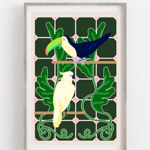 Tropical Aviary Art Print | Toucan Cockatoo Exotic Birds Wall Art | Jungle Plants Wildlife Decor | Tropical Rainforest Painting Wall Decor