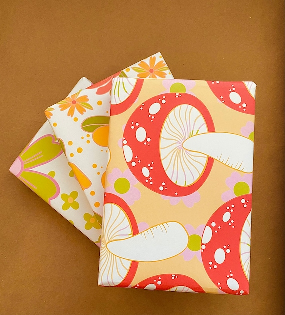 Retro 70s Gift Wrap Set: Floral, Mushroom, Daisy Designs