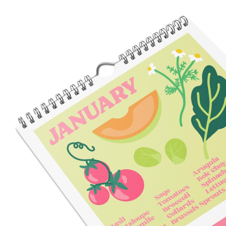 May include: A spiral-bound calendar page for January, featuring illustrations of produce. The word "JANUARY" is in pink, with images of tomatoes, cantaloupe, and leafy greens. A list of vegetables is printed on the right side.