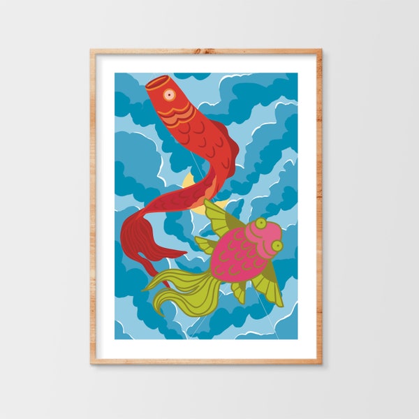 Fish Kites Cloudy Sky Sun Clouds Large Art Print Colorful Asian Style Pink Red Blue Home Decor KidsRoom Office GuestRoom Fun Bold Whimsical