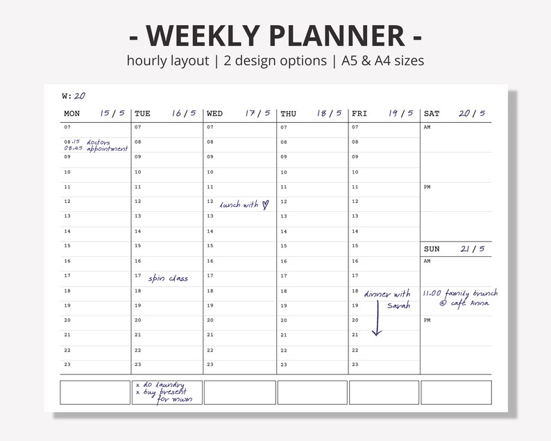 Hourly Layout Weekly Planner Printable Daily Notes A4 & Etsy