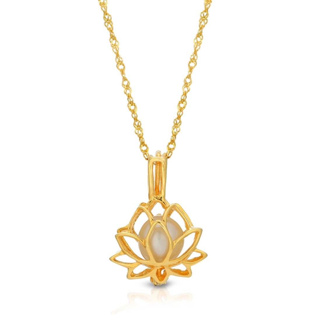 Yellow Gold Pearl Pendant Necklace Lotus Necklace - Etsy UK