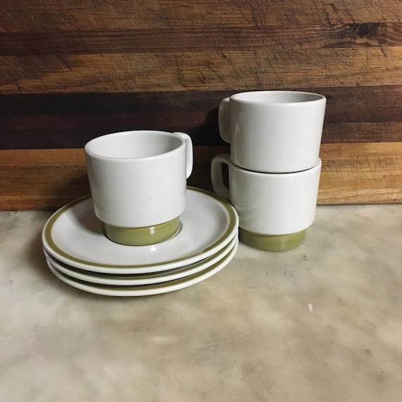 Retro Green and White Stoneware Cups and Saucers X 3 Fuji Etsy Australia