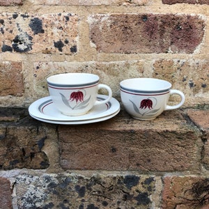Royal Swan Staffordshire, England, cups and saucers with red flower x 2