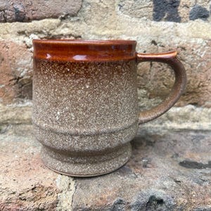 May include: A speckled brown ceramic mug with a dark brown rim and handle. The mug has a textured, speckled surface and a wide, sturdy base. The handle is curved and attached to the side of the mug. The mug is sitting on a brick surface.