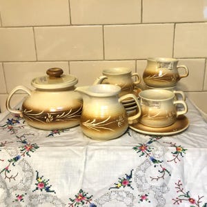 Vintage Natural Decor Australian stoneware tea set with pot, cups and jug