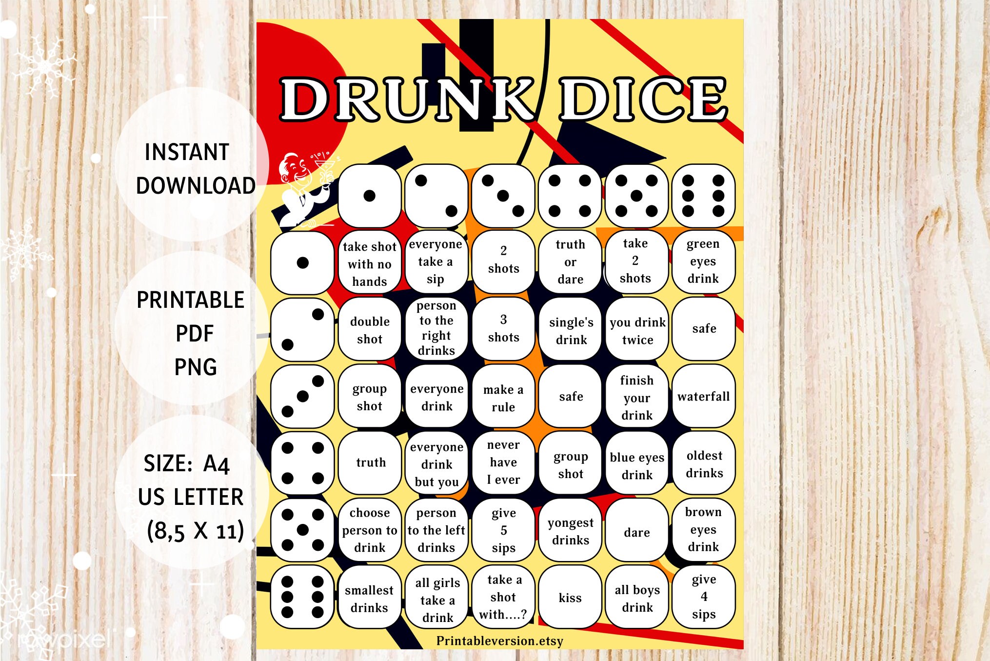 Drinking Games For Adults Drunk Dice Alcohol Game Printable PDF 