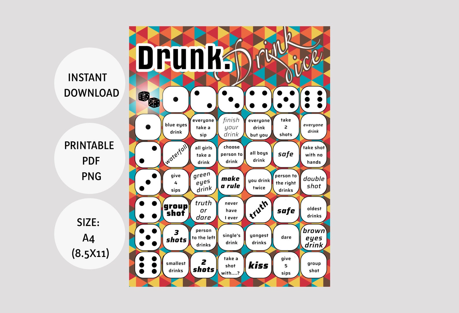 Drunk Dice / Drinking Games for Adults / Alcohol Game, Printable PDF