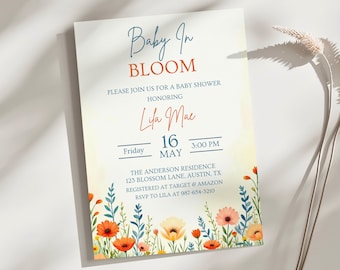 Einladung zur Babyparty „Baby in Bloom“, Wildblumen-Design, florale Vorlage, sofort zum Ausdrucken
