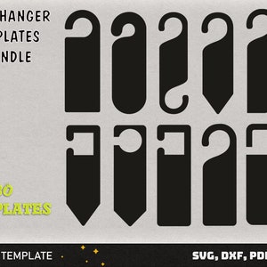 May include: A set of 30 door hanger templates in black, designed for die cutting. The templates include various shapes and styles, including a simple rectangle, a rectangle with a rounded top, and a rectangle with a hook.