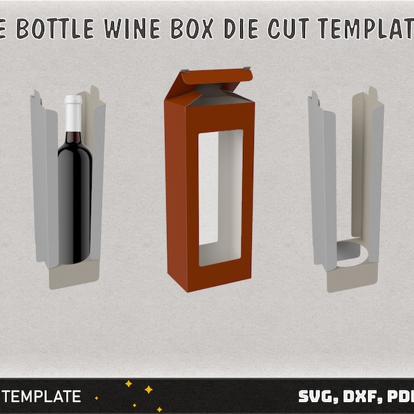 One bottle wine box die cut template, packaging one bottle wine die cut pattern, box for gift, cricut box template