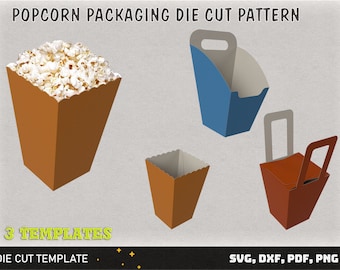 May include: Three templates for popcorn packaging die cut patterns. The templates are for a brown, blue, and orange popcorn box with a handle.