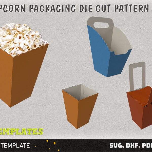 Popcorn box die cut template set, popcorn packaging die-cut pattern, SVG full scale, fully functional
