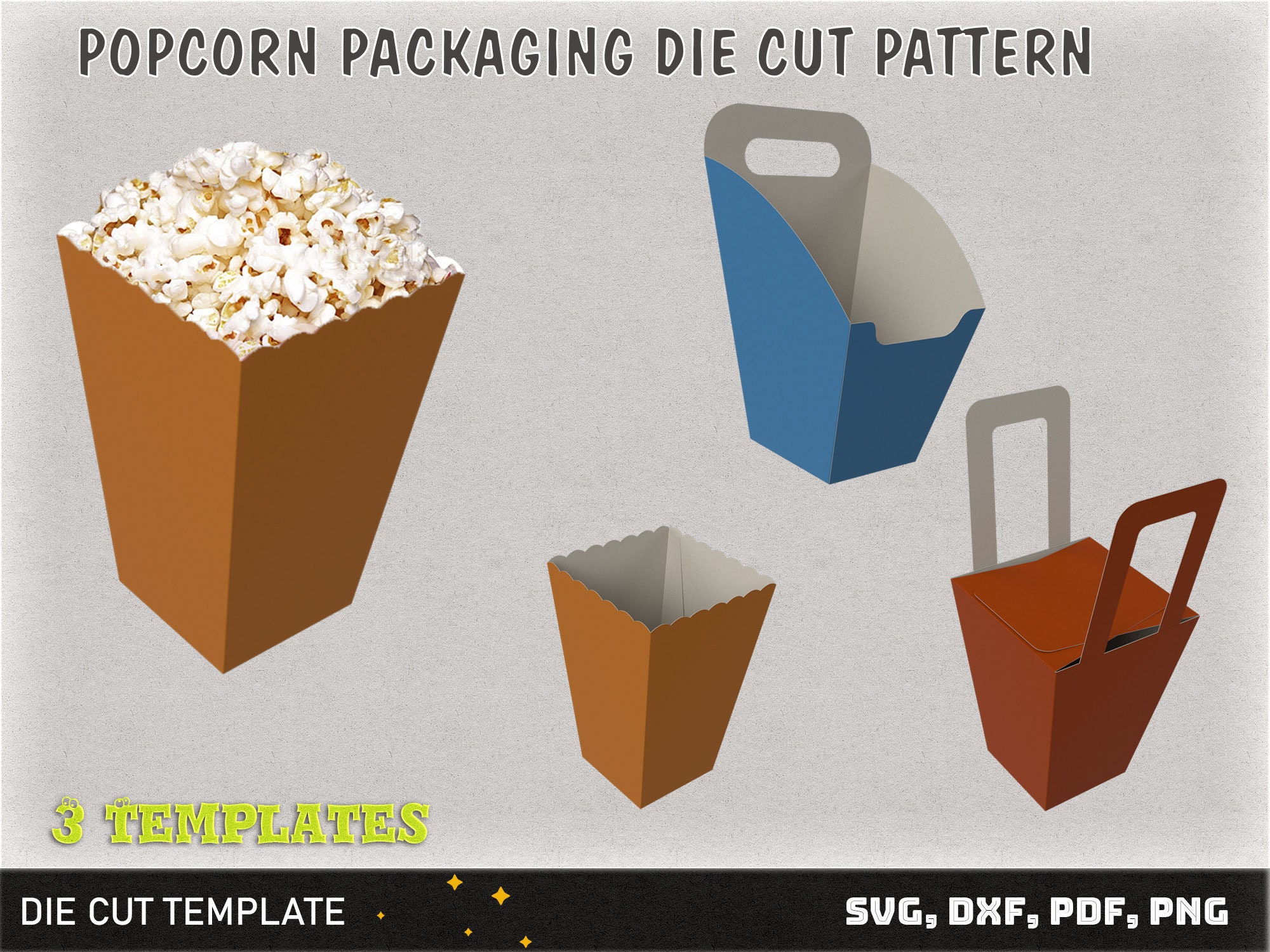 Popcorn Box Die Cut Template Set, Popcorn Packaging Die-cut