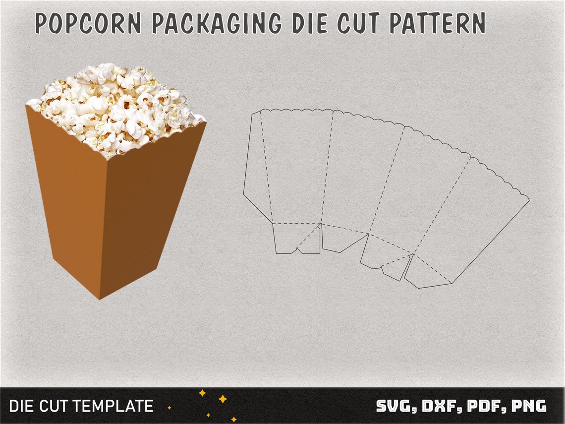 Popcorn Box Die Cut Template Set, Popcorn Packaging Diecut Pattern, SVG Full Scale, Fully