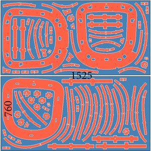 Op de afbeelding: Een blauw en oranje diagram met twee secties, gelabeld "760" en "1525". Het diagram toont een patroon van vormen, waaronder cirkels, vierkanten en rechthoeken.