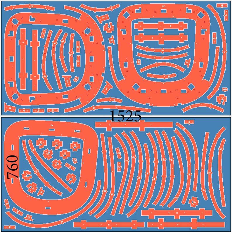 Op de afbeelding: Een blauw en oranje diagram met twee secties, gelabeld "760" en "1525". Het diagram toont een patroon van vormen, waaronder cirkels, vierkanten en rechthoeken.
