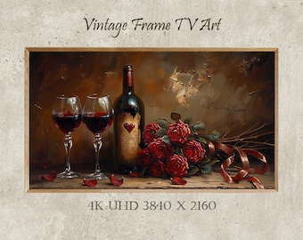 Peinture à l'huile de vin rouge et roses, art de la Saint-Valentin avec cadre Samsung pour téléviseur (téléchargement numérique)