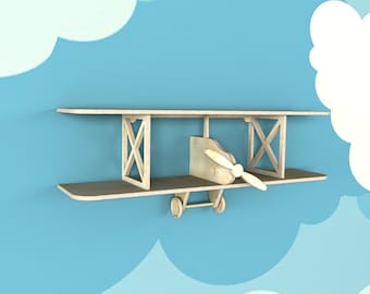 Étagère, étagère d'avion, contreplaqué, modèle solide, fichiers CNC, biplan, dessins, meubles pour enfants, décoration murale, téléchargement numérique