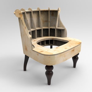 Puede incluir: Una silla de madera con un diseño único que presenta un respaldo y un asiento recortados. La silla tiene un acabado en madera clara y patas de color marrón oscuro.