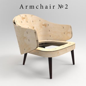 May include: A wooden armchair with a plywood frame and dark brown legs. The chair is disassembled, with the back and seat separated. The chair is labeled "Armchair No. 2".