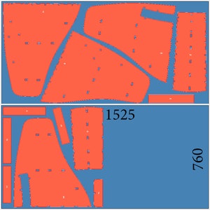 Op de afbeelding: Een diagram dat laat zien hoe je een stuk stof in 17 verschillende stukken kunt snijden. De stof is effen oranje en het diagram is op een blauwe achtergrond. Het diagram is genummerd van 1 tot en met 17. Het diagram is 1525 pixels breed en 760 pixels hoog.