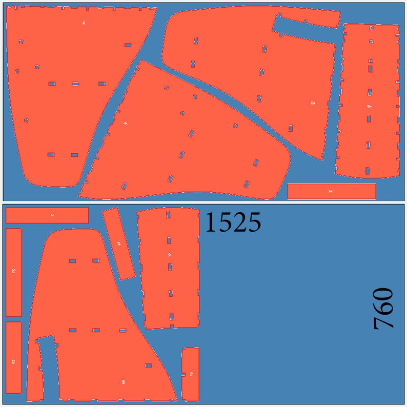 Op de afbeelding: Een diagram dat laat zien hoe je een stuk stof in 17 verschillende stukken kunt snijden. De stof is effen oranje en het diagram is op een blauwe achtergrond. Het diagram is genummerd van 1 tot en met 17. Het diagram is 1525 pixels breed en 760 pixels hoog.