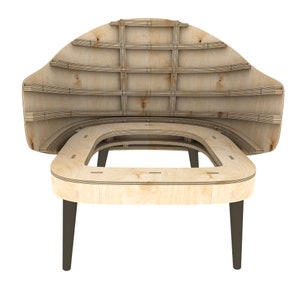Op de afbeelding: Een houten stoelframe met een rugleuning en zitting van multiplex. De stoel is gedemonteerd, waardoor de constructie van de stoel zichtbaar is.
