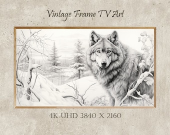 Dessin au crayon loup hivernal, art mural Samsung Frame (téléchargement numérique)