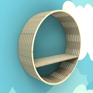 May include: A round wooden shelf with a slatted design. The shelf is mounted to a wall and has a single shelf.