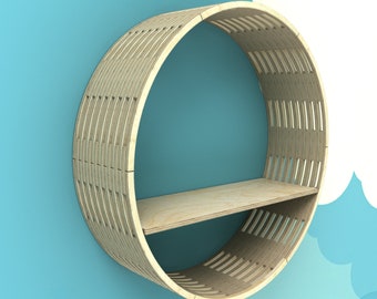 Bibliothèque, étagère ronde, étagère flottante, contreplaqué, modèle solide, fichiers CNC, dessins, meubles, décoration murale, DÉCOUPE LASER, téléchargement numérique