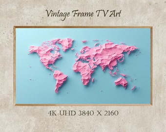Carte du monde, rose et bleu, art TV cadre Samsung, art tv cadre, cadeau, vintage, téléchargement numérique