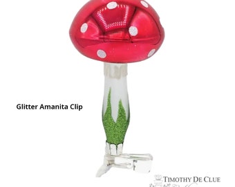 Glitter Amanita Mushroom Clip- Adorno navideño de vidrio soplado - TDC Excusivo Hecho en Alemania