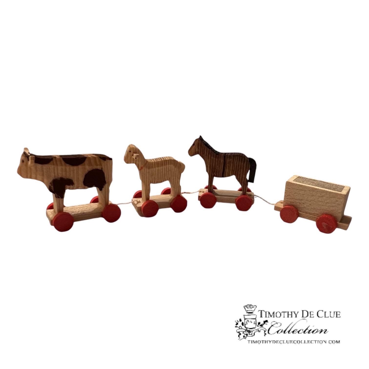 Vaca, caballo, oveja y tren de madera de Emil Helbig Erzgebirge de época alemana, material nuevo y antiguo (fabricado en la RDA de Alemania del Este)