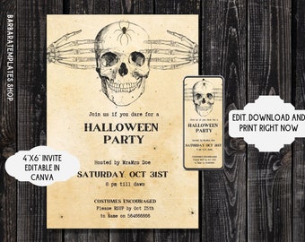 May include: A printable 4x6 inch Halloween party invitation with a vintage aesthetic. The invitation features a skull with a spider on its head and skeletal hands. The text reads "Join us if you dare for a Halloween Party. Hosted by Mr. & Mrs. Doe. Saturday, Oct 31st. 8 pm till dawn. Costumes encouraged. Please RSVP by Oct 15th to Name on 564666666."