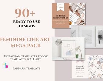 Feminine Line art mega pack, Instagram and Ebook social media templates, Printable wall art,  Aesthetic Boho Minimalist Wall decor